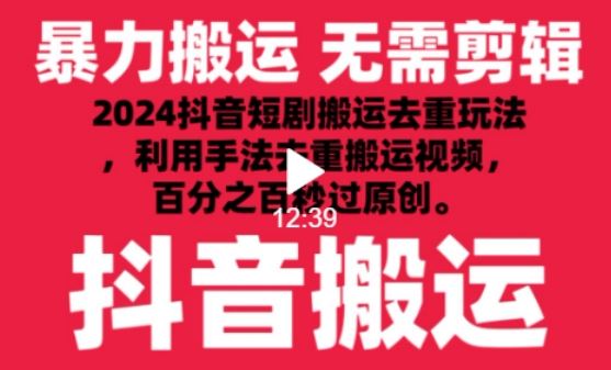 2024最新抖音搬运技术，抖音短剧视频去重，手法搬运，利用工具去重，达到秒过原创的效果【揭秘】-玖哥网创