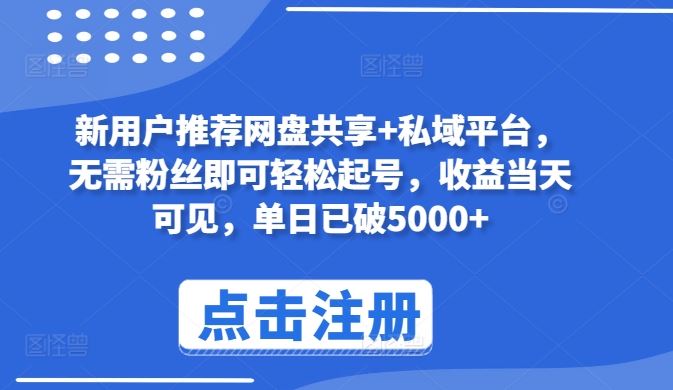 新用户推荐网盘共享+私域平台，无需粉丝即可轻松起号，收益当天可见，单日已破5000+【揭秘】-玖哥网创