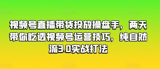 视频号直播带货投放操盘手，两天带你吃透视频号运营技巧，纯自然流3.0实战打法-玖哥网创
