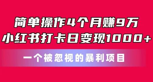 简单操作4个月赚9w，小红书打卡日变现1k，一个被忽视的暴力项目【揭秘】-玖哥网创