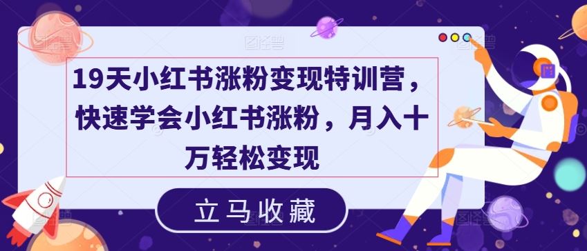 19天小红书涨粉变现特训营，快速学会小红书涨粉，月入十万轻松变现-玖哥网创