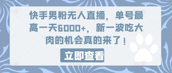 快手男粉无人直播，单号最高一天6000+，新一波吃大肉的机会真的来了-玖哥网创