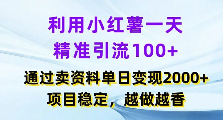 利用小红书一天精准引流100+，通过卖项目单日变现2k+，项目稳定，越做越香【揭秘】-玖哥网创