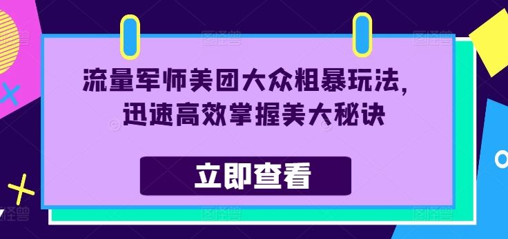 流量军师美团大众粗暴玩法，迅速高效掌握美大秘诀-玖哥网创