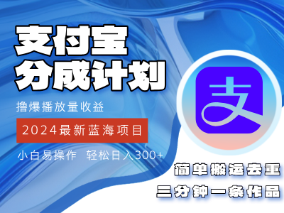 （12058期）2024蓝海项目，支付宝分成计划项目，教你刷爆播放量收益，三分钟一条作…-玖哥网创