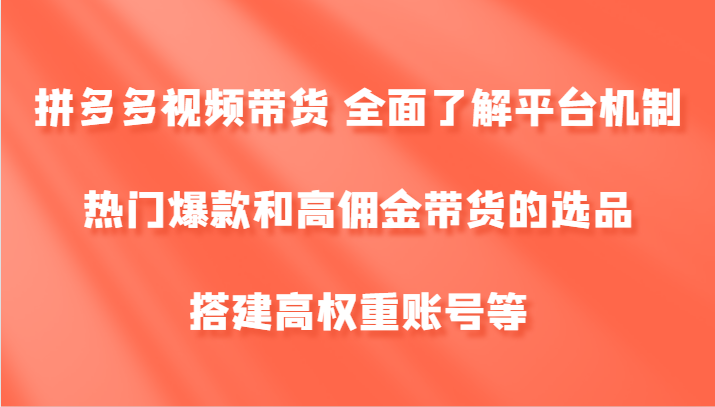 拼多多视频带货 全面了解平台机制、热门爆款和高佣金带货的选品，搭建高权重账号等-玖哥网创