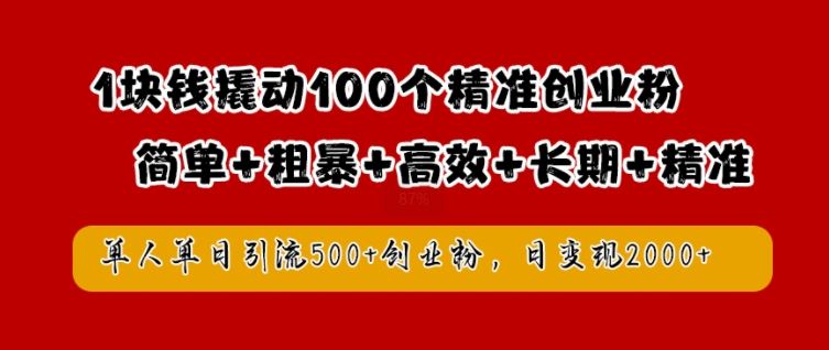 1块钱撬动100个精准创业粉，简单粗暴高效长期精准，单人单日引流500+创业粉，日变现2k【揭秘】-玖哥网创