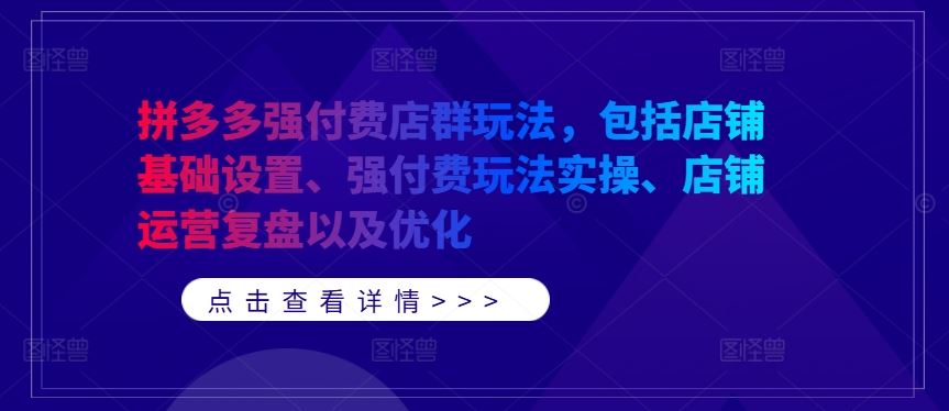 拼多多强付费店群玩法，包括店铺基础设置、强付费玩法实操、店铺运营复盘以及优化-玖哥网创