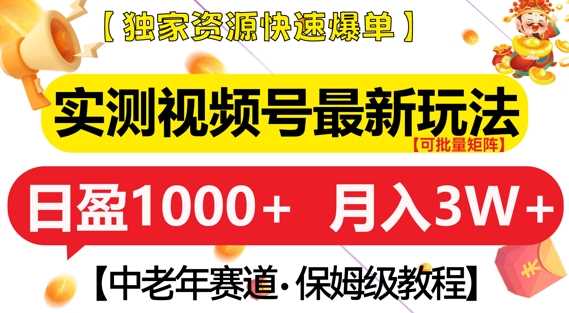 实测视频号最新玩法，中老年赛道，独家资源，月入过W+【揭秘】-玖哥网创