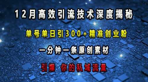 最新高效引流技术深度揭秘 ，单号单日引300+精准创业粉，一分钟一条原创素材，引爆你的私域流量-玖哥网创