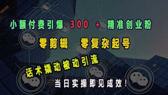 小额付费引爆 300 + 精准创业粉，零剪辑、零复杂起号，话术撬动被动引流，当日实操即见成效-玖哥网创