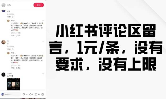 小红书评论区留言，1元条，没有要求，没有上限-玖哥网创