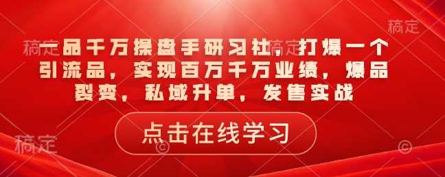 一品千万操盘手研习社，打爆一个引流品，实现百万千万业绩，爆品裂变，私域升单，发售实战-玖哥网创