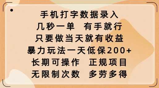 手机打字数据录入，几秒一单，有手就行，只要做当天就有收益，暴力玩法一天低保2张-玖哥网创