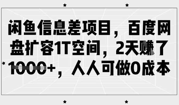 闲鱼信息差项目，百度网盘扩容1T空间，2天收益1k+，人人可做0成本-玖哥网创