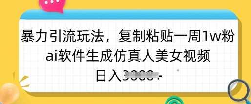 暴力引流玩法，复制粘贴一周1w粉，ai软件生成仿真人美女视频，日入多张-玖哥网创