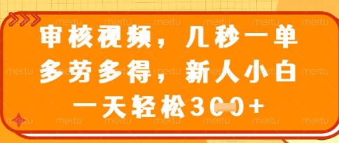 最新审核视频，几秒一单，多劳多得，新人小白一天轻松3张【揭秘】-玖哥网创
