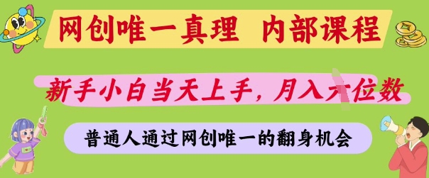 网创唯一真理，内部课程，新手小白当天上手，月入5位数，普通人通过网创唯一的机会【揭秘】-玖哥网创
