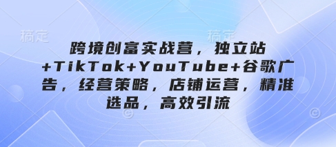 跨境创富实战营，独立站+TikTok+YouTube+谷歌广告，经营策略，店铺运营，精准选品，高效引流-玖哥网创