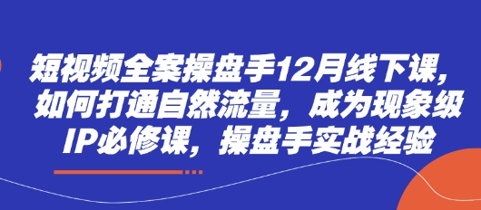 短视频全案操盘手12月线下课，如何打通自然流量，成为现象级IP必修课，操盘手实战经验-玖哥网创