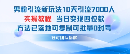 男粉引流新玩法10天引流7000人当日变现四位数可复制可批量0封号-玖哥网创