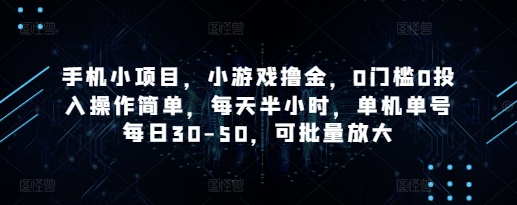 手机小项目，小游戏撸金，0门槛0投入操作简单，每天半小时，单机单号每日30-50，可批量放大-玖哥网创