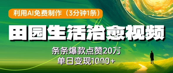 利用AI免费制作田园生活治愈视频，条条爆款点赞20W，单日变现几张-玖哥网创