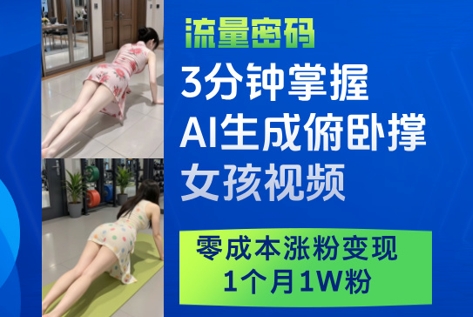 3分钟掌握AI生成俯卧撑女孩视频，零成本涨粉变现，1个月1W粉-玖哥网创