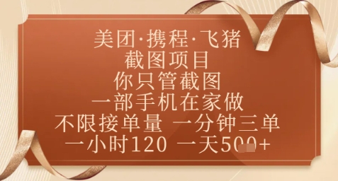 飞猪美团截图项目，你只管截图，一部手机在家做，正规平台无套路，一天5张+【揭秘】-玖哥网创
