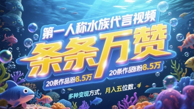 第一人称水族代言视频，条条万赞，20条作品涨粉7.8W，多种变现方式月入五位数-玖哥网创