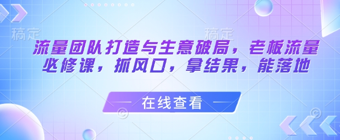流量团队打造与生意破局，老板流量必修课，抓风口，拿结果，能落地-玖哥网创