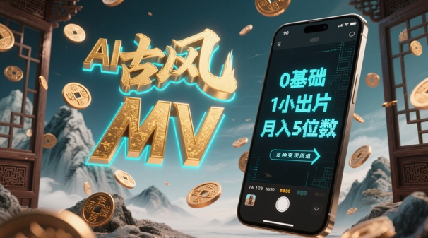 AI一键生成古风音乐MV，0剪辑基础1小时出片，多种变现渠道，一部手机月入5位数-玖哥网创