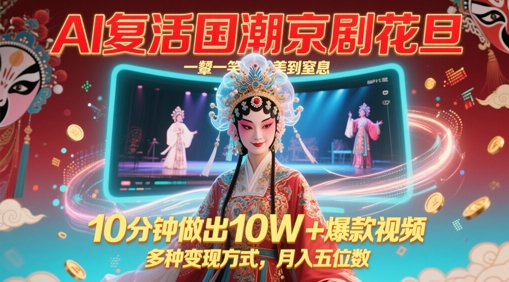 AI复活国潮京剧花旦，一颦一笑美到窒息，10分钟做出10W+爆款视频，多种变现方式，月入五位数-玖哥网创