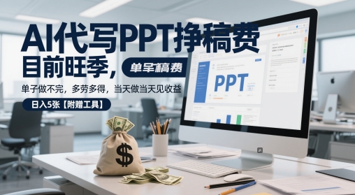 AI代写PPT挣稿费，目前旺季，单子做不完，多劳多得，当天做当天见收益，日入5张【附赠工具】-玖哥网创