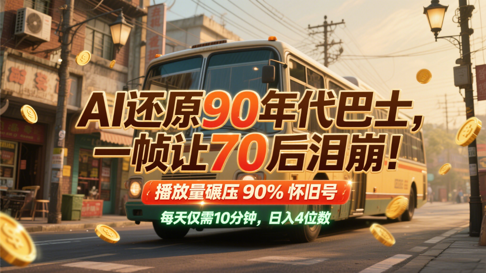 AI还原90年代巴士，一帧让70后泪崩！播放量碾压90%怀旧号，每天10分钟，日入4位数-玖哥网创
