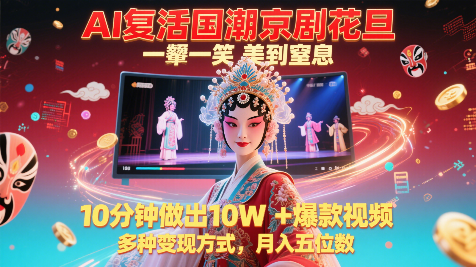 AI复活国潮京剧花旦，一颦一笑美到窒息，10分钟做出10W+爆款视频，多种变现方式，…-玖哥网创