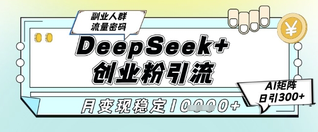 DeepSeek+创业粉精准引流，全新分享课4.0玩法，AI矩阵日引300+，多种变现方式，稳定月入1W-玖哥网创
