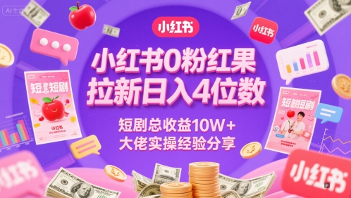 小红书0粉红果短剧拉新日入4位，数短剧总收益10W+大佬实操经验分享-玖哥网创