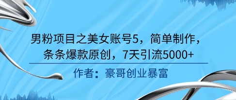 男粉项目之美女账号5，简单制作，条条爆款原创，7天引流5000+-玖哥网创