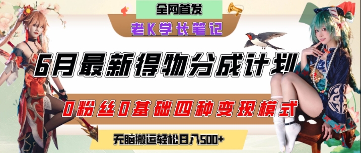 6月份最新得物创作者分成计划2.0玩法，0粉丝0基础四种模式变现，从隐蔽渠道无脑搬运，日入2张-玖哥网创
