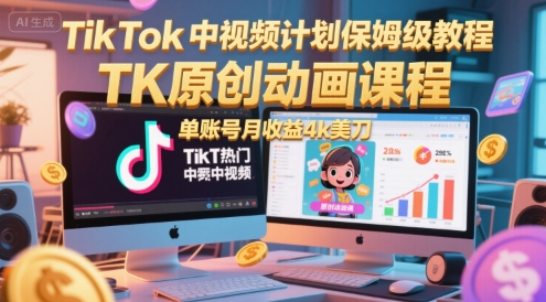 TikTok中视频计划保姆级教程，TK原创动画课程，单账号月收益4k美刀-玖哥网创