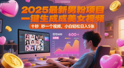 2025最新男粉项目，一键生成美女视频，日引600+色粉 十秒一个视频，小白轻松日入5张【揭秘】-玖哥网创
