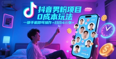抖音男粉项目0成本玩法，一部手机即可操作，日均4张+，时间自由-玖哥网创