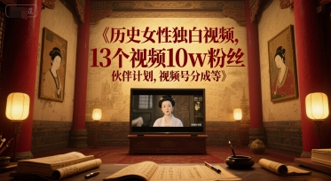 历史女性独白视频，13个视频10w粉丝，伙伴计划，视频号分成等-玖哥网创